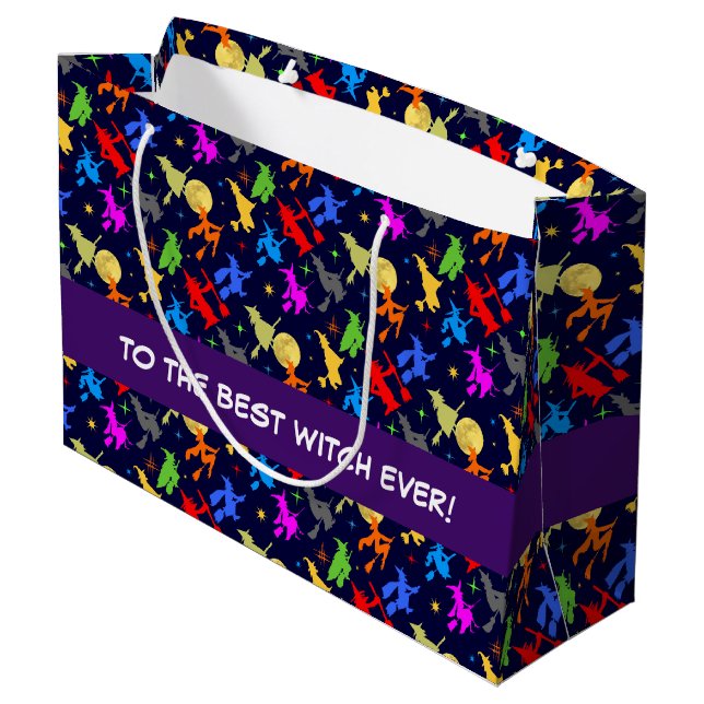 Colourful Witches Fly At Night Halloween Pattern Large Gift Bag (Back Angled)