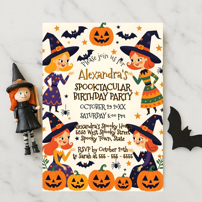 Colourful Witches Girls Halloween Birthday Party Invitation (Creator Uploaded)
