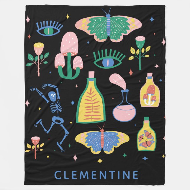 Colourful Witchy Magic Potion Personalised Black Fleece Blanket (Front)