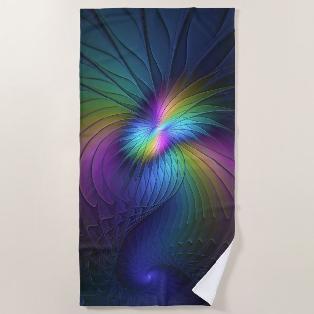 Colourful With Blue Modern Abstract Fractal Art Beach Towel (Front)