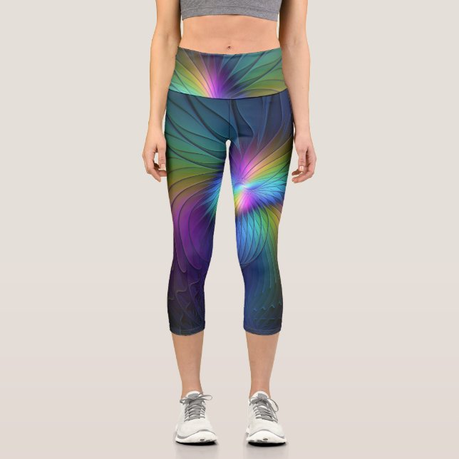 Colourful With Blue Modern Abstract Fractal Art Capri Leggings (Front)