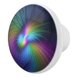 Colourful With Blue Modern Abstract Fractal Art Ceramic Knob