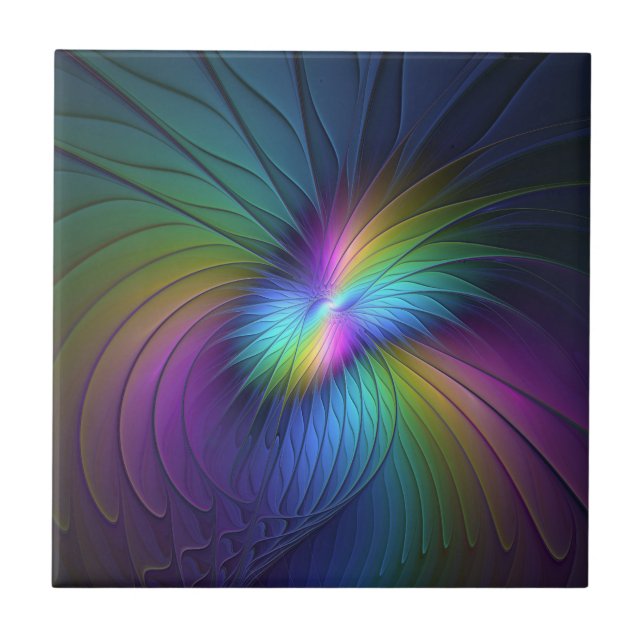Colourful With Blue Modern Abstract Fractal Art Ceramic Tile (Front)
