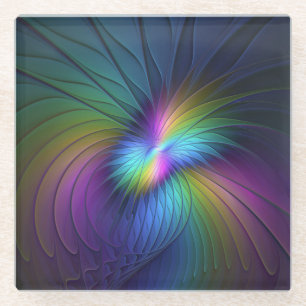 Colourful With Blue Modern Abstract Fractal Art Glass Coaster
