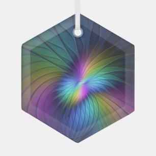 Colourful With Blue Modern Abstract Fractal Art Glass Tree Decoration