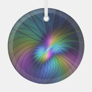 Colourful With Blue Modern Abstract Fractal Art Glass Tree Decoration