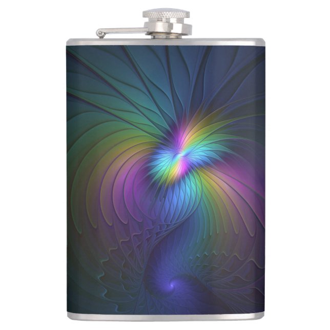 Colourful With Blue Modern Abstract Fractal Art Hip Flask (Front)