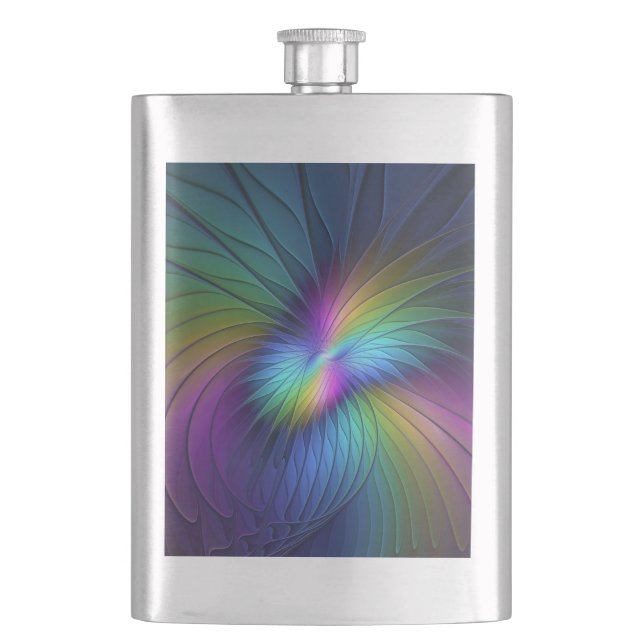 Colourful With Blue Modern Abstract Fractal Art Hip Flask (Front)