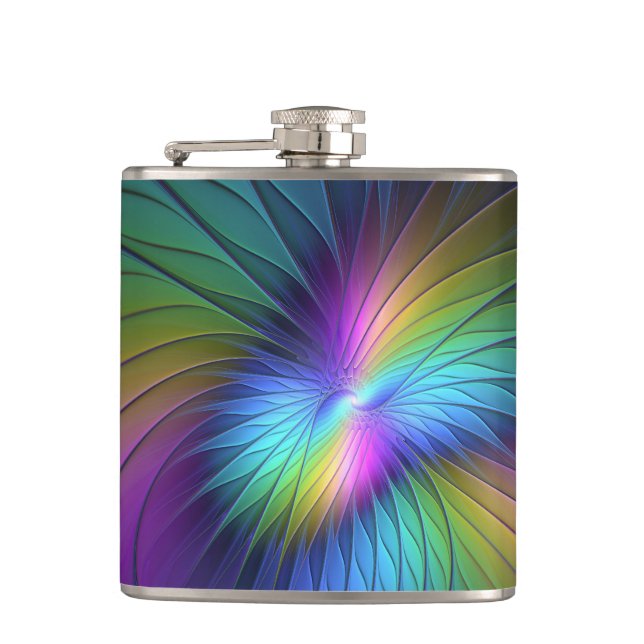 Colourful With Blue Modern Abstract Fractal Art Hip Flask (Front)
