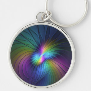 Colourful With Blue Modern Abstract Fractal Art Key Ring
