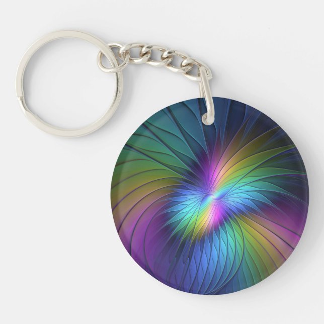 Colourful With Blue Modern Abstract Fractal Art Key Ring (Front)