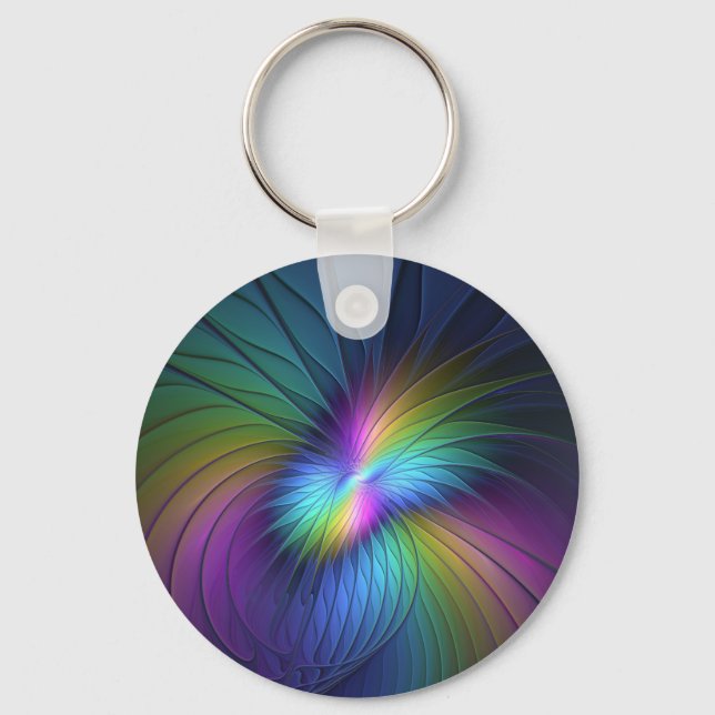 Colourful With Blue Modern Abstract Fractal Art Key Ring (Front)
