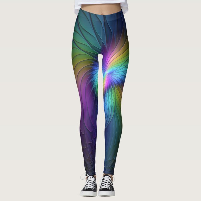 Colourful With Blue Modern Abstract Fractal Art Leggings (Front)