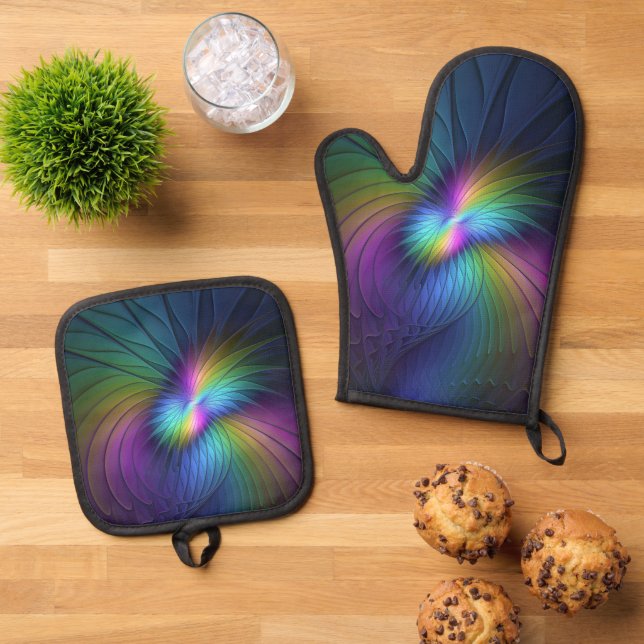 Colourful With Blue Modern Abstract Fractal Art Oven Mitt & Pot Holder Set (Top Down)