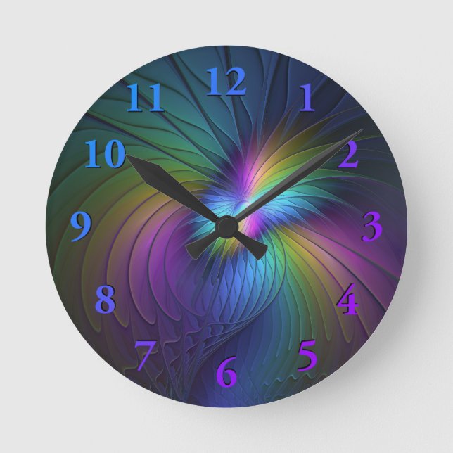 Colourful With Blue Modern Abstract Fractal Art Round Clock (Front)
