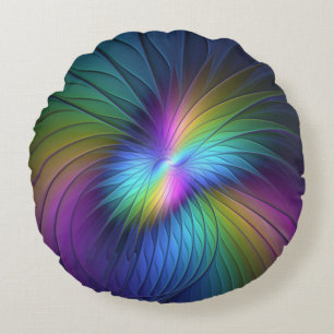 Colourful With Blue Modern Abstract Fractal Art Round Cushion