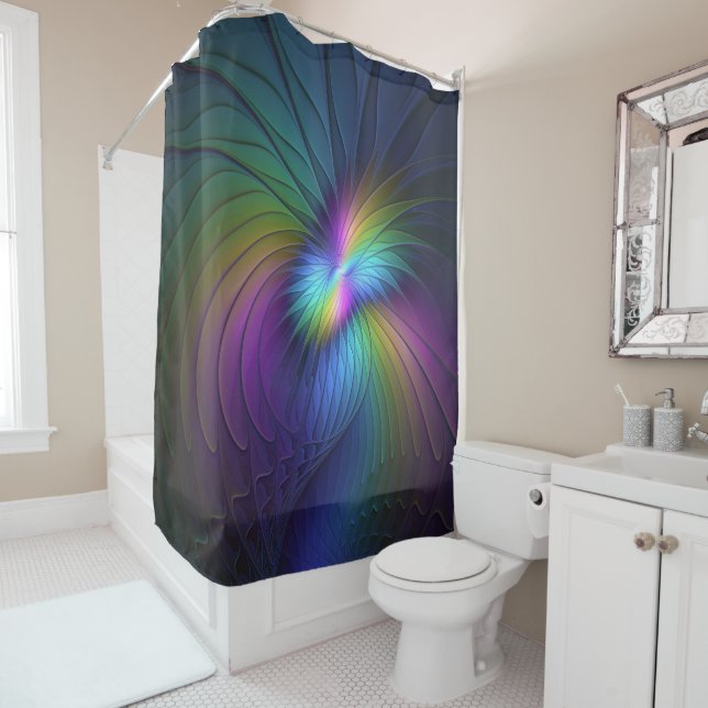Colourful With Blue Modern Abstract Fractal Art Shower Curtain (In Situ)