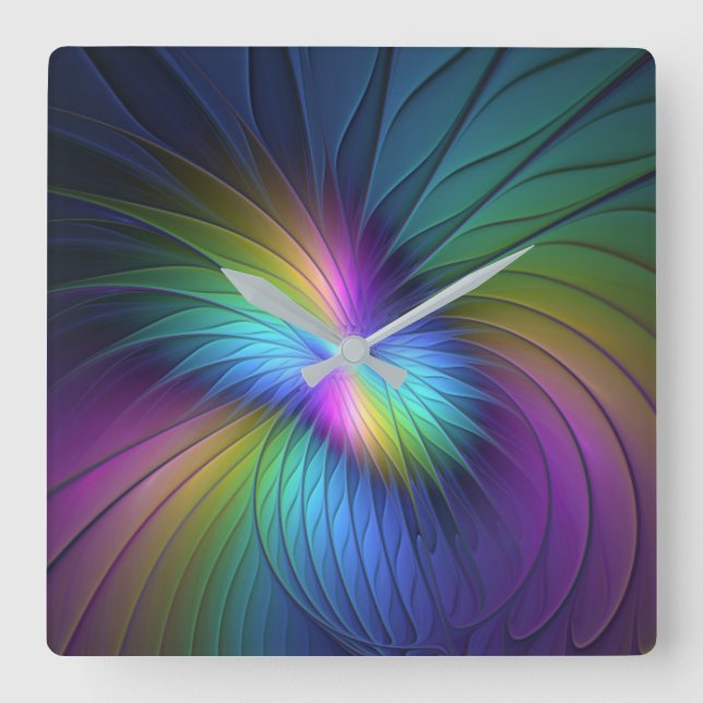 Colourful With Blue Modern Abstract Fractal Art Square Wall Clock (Front)