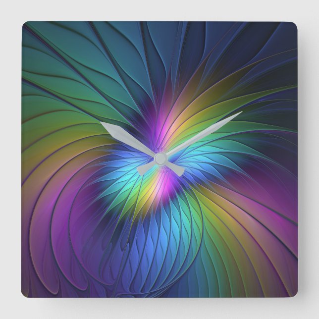 Colourful With Blue Modern Abstract Fractal Art Square Wall Clock (Front)