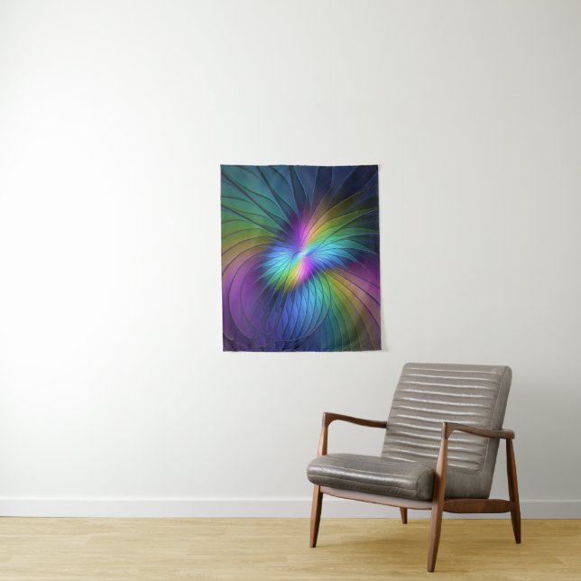 Colourful With Blue Modern Abstract Fractal Art Tapestry (In Situ)