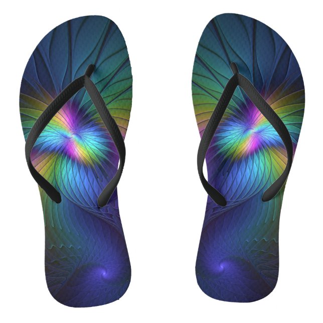 Colourful With Blue Modern Abstract Fractal Art Thongs (Footbed)
