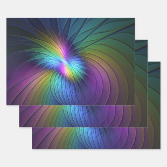 Colourful With Blue Modern Abstract Fractal Art Wrapping Paper Sheet (Set)