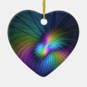 Colourful With Blue Modern Abstract Fractal Heart Ceramic Ornament