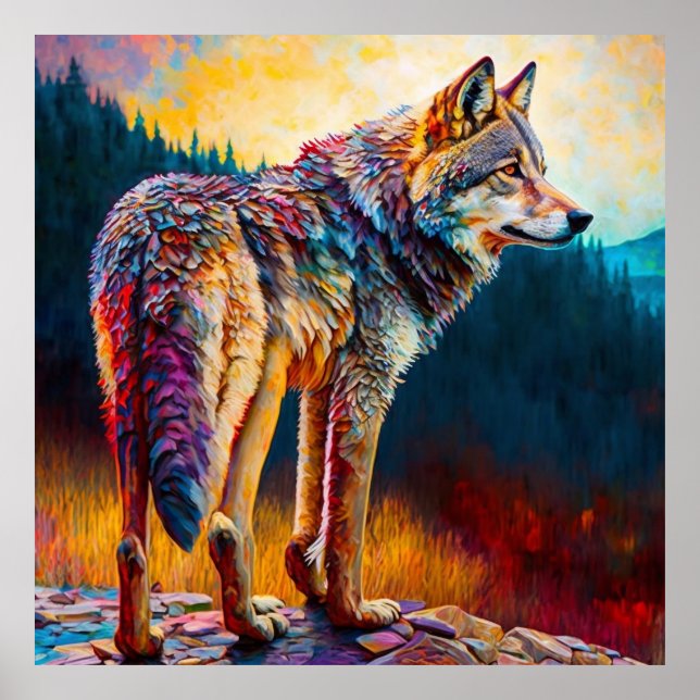 Colourful Wolf Abstract painting Cabin Art Poster (Front)