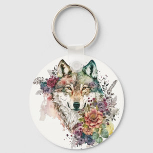 Colourful Wolf and Florals Watercolor in Nature Ke Key Ring