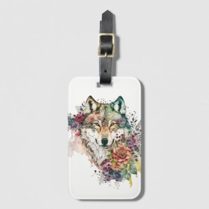 Colourful Wolf and Florals Watercolor in Nature Luggage Tag