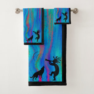 Colourful Wolf and Kokopelli  Bath Towel Set