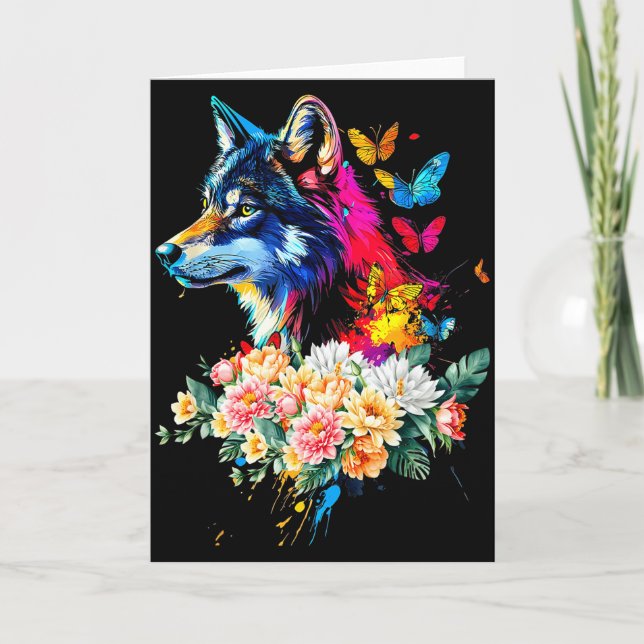 Colourful Wolf Face Cute Animals Wolves Lovers Wom Card (Front)