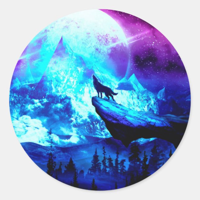 Colourful wolf howling classic round sticker (Front)