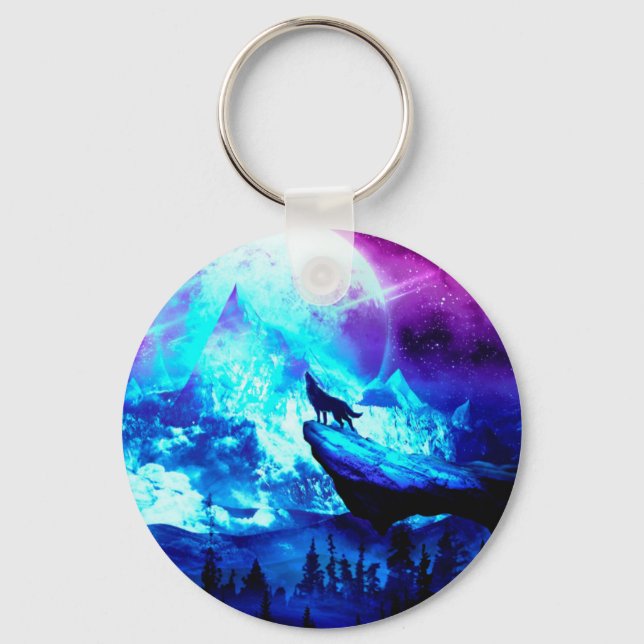 Colourful wolf howling key ring (Front)