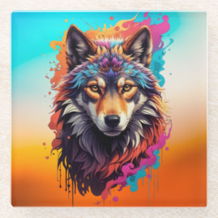 Colourful Wolf Portrait Abstract Animal Art-87694 Glass Coaster