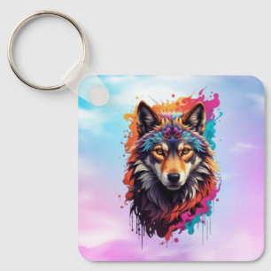 Colourful Wolf Portrait Abstract Animal Art-87694 Key Ring
