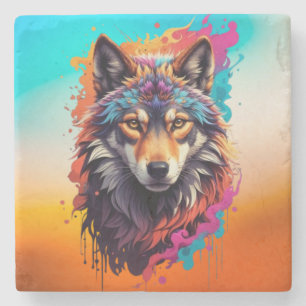 Colourful Wolf Portrait Abstract Animal Art-87694 Stone Coaster