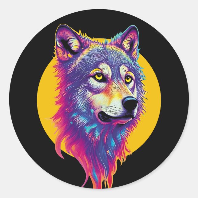 Colourful Wolf portrait Classic Round Sticker (Front)