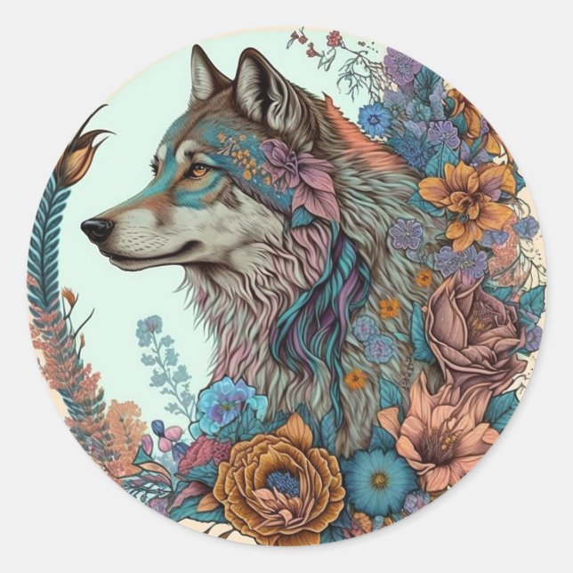 Colourful Wolf With Flowers Classic Round Sticker (Front)