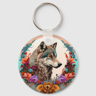 Colourful Wolf With Flowers Key Ring
