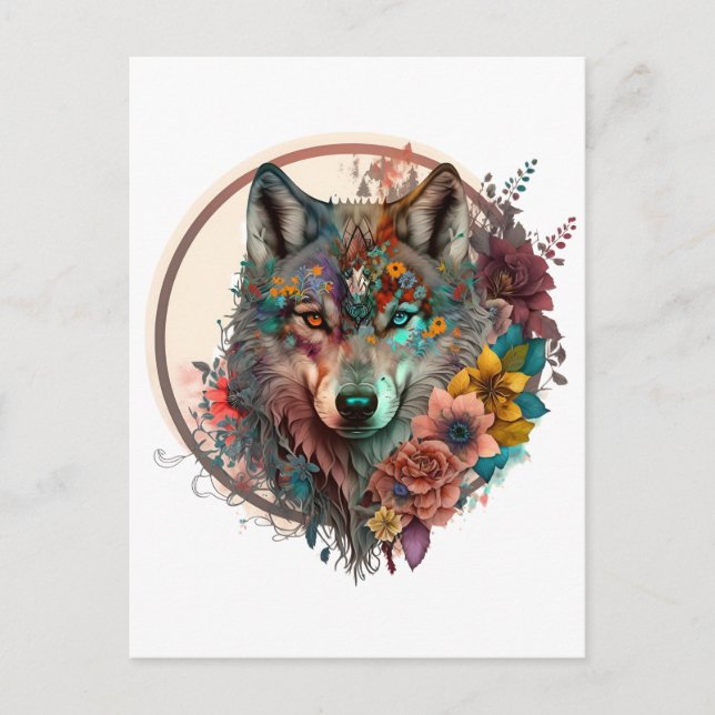 Colourful Wolf With Flowers Postcard (Front)