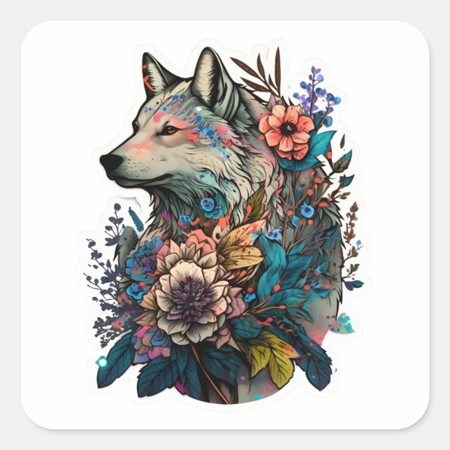 Colourful Wolf With Flowers Square Sticker (Front)