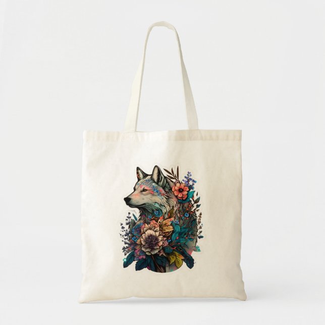 Colourful Wolf With Flowers Tote Bag (Front)
