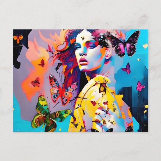 Colourful Woman and Butterflies Postcard (Front)