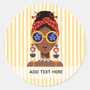 Colourful Woman Head Illustration on Yellow  Classic Round Sticker