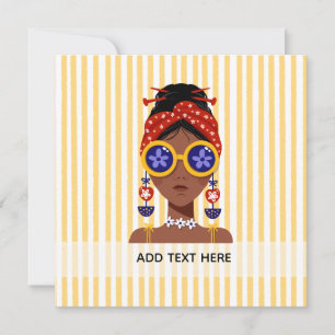 Colourful Woman Head Illustration on Yellow Stripe Invitation