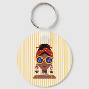 Colourful Woman Head Illustration on Yellow Stripe Key Ring