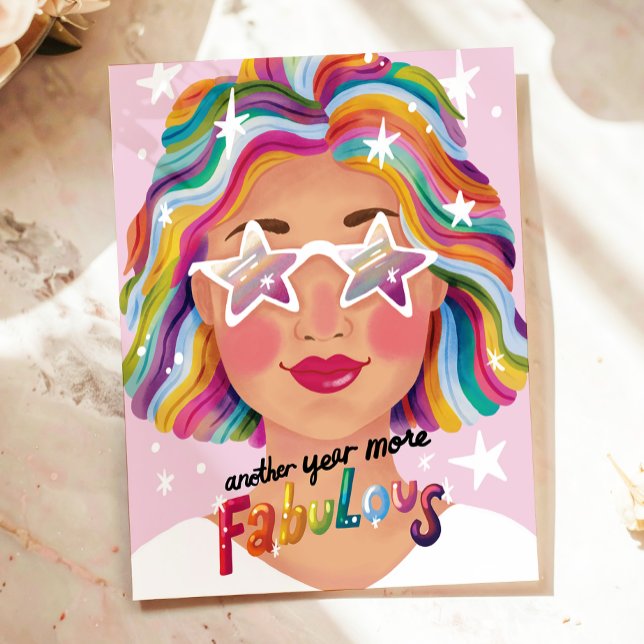 Colourful Woman Rainbow Happy Birthday Illustrated Postcard (Creator Uploaded)