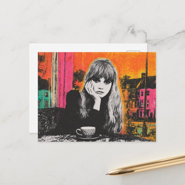 Colourful Woman With Coffee Postcard (Front/Back In Situ)