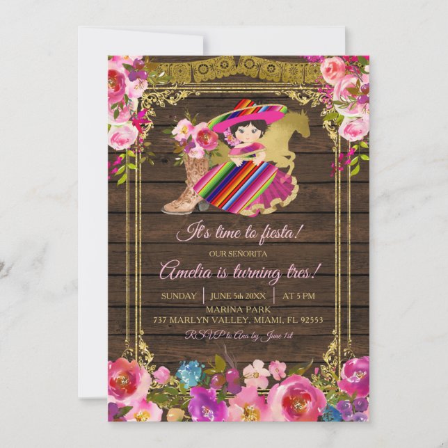 Colourful Wood Charro Fiesta Girl Turning Tres Inv Invitation (Front)